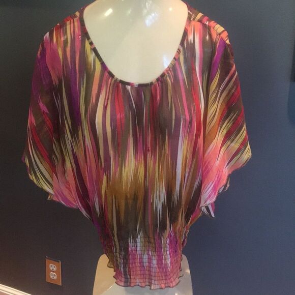 Lola P. multi-color semi-sheer boho style top, L - Picture 1 of 6